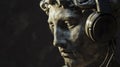 A classical sculpture wears contemporary headphones, a fusion of ancient and modern.