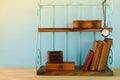 Classical shelf with vintage male objects Royalty Free Stock Photo