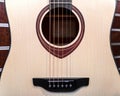 Classical six-string acoustic guitar. Close up. Fragment Royalty Free Stock Photo