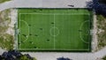 Classical stadium from birds eye view. Drone view. Green Football soccer field