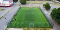 Classical stadium from birds eye view. Drone view. Green Football soccer field