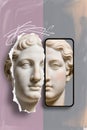 Modern, contemporary art collage of classical statue head merged with smartphone screen Royalty Free Stock Photo