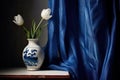 Classical still life with a blue white hand painted vase and tulips, blue curtains in the background