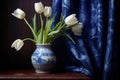 Classical still life with a blue white hand painted vase and tulips, blue curtains in the background