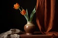 Classical still life with a earthen vase and tulips, brown curtains in the background