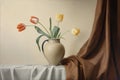 Classical still life with a earthen vase and tulips, brown curtains in the background