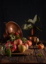 Classical still life with organic natural apples and vintage cooper decoration on old rustic wooden background