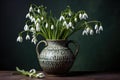 Classical still life with snowdrops in a ceramic vase. Springtime flowers