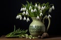 Classical still life with snowdrops in a ceramic vase. Springtime flowers