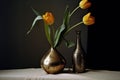 Classical still life. A table with in an old messing vase and tulips Royalty Free Stock Photo