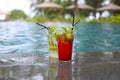 Classical and Strawberry Mojito cocktail at the edge of a resort pool Royalty Free Stock Photo