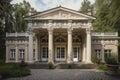 classical-style house with verandas, columns and classical urns