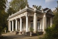 classical-style house with verandas, columns and classical urns