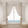 Classical style room with big window, curtains and columns