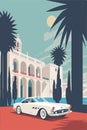 Classical Supercar Minimalist Retro Poster, Car In Front Of A Villa, Hotel With Palm Trees