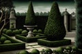 classical topiary in formal garden, with boxwood and rosemary