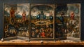 Intricate triptych painting displayed in gallery, featuring vivid imagery and rich details in a classical style. perfect
