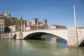 Classical view of Lyon, France. Basilica of Notre Dame de Fourviere in the historical center