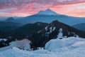 Classical view of Mount Shasta Volcano with glaciers, in California, USA. Panorama from Heart Lake. Mount Shasta is a volcano Royalty Free Stock Photo