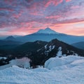 Classical view of Mount Shasta Volcano with glaciers, in California, USA. Panorama from Heart Lake. Mount Shasta is a volcano Royalty Free Stock Photo