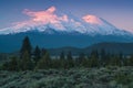 Classical view of Mount Shasta Volcano with glaciers, in California, USA. Panorama from Heart Lake. Mount Shasta is a volcano