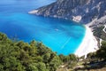 Classical view of Myrtos beach or bay on Kefalonia, Greece