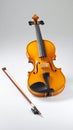 Classical violin and bow on a white surface, studio shot with detailed close-up. Royalty Free Stock Photo