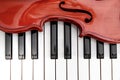 classical violin on white and black piano keys close-up background