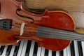 Classical violin on wooden piano keys. Classical violin on piano for music background concept. Holiday concert. Music concept