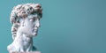 White Marble Bust Of Man. Antique Greece Sculpture On Soft Teal Minimalist Background. AI Generated