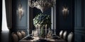 Classically-styled formal dining room with a large chandelier. Generative AI