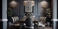 Classically-styled formal dining room with a large chandelier. Generative AI