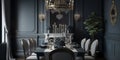 Classically-styled formal dining room with a large chandelier. Generative AI