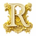 Classicism Letter R Clipart: Gold Ornamental Design In Yellow