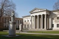 classicist building with columns and sculptures, viewed from a distance