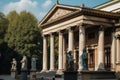 classicist building with columns and sculptures, viewed from a distance
