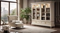 Classicist Style Apartment Living Room With White Wooden Cabinet