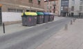 Classification points and waste collection in a street in Lleida, in Spain