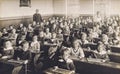 Classmates classroom. Children teacher school. Vintage photo