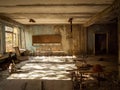 Classroom in the abandoned school in Pripyat. Chernobyl Exclusion Zone. Ukraine. Royalty Free Stock Photo