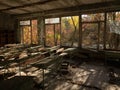 Classroom in the abandoned school in Pripyat. Chernobyl Exclusion Zone. Ukraine. Royalty Free Stock Photo
