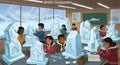 Classroom in the Arctic with students creating ice sculptures. The room features large Royalty Free Stock Photo