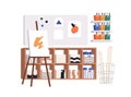 Classroom for art class. Creative studio, empty drawing atelier with painting supplies, canvas and easel, whiteboard Royalty Free Stock Photo