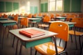 Classroom backdrop in blur, devoid of young students and teachers, with chairs