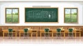 A classroom background featuring a blackboard, neatly arranged desks, and educational tools.