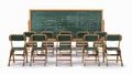 A classroom background featuring a blackboard, neatly arranged desks, and educational tools.