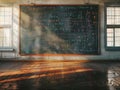 Classroom blackboard filled with equations and notes illuminated by sunlight streaming through Royalty Free Stock Photo