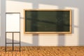 A classroom with a blackboard in the front of the room, 3d rendering Royalty Free Stock Photo