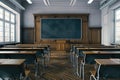 Empty Retro Classroom with Desks and Blackboard Royalty Free Stock Photo