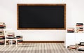 Classroom, blackboard on white wall with table, chair and piles of books on wooden floor, 3d rendered